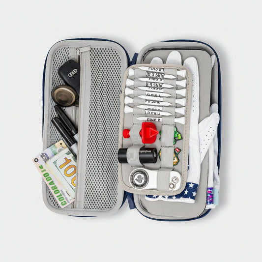 Pouch with various items including a pen, money, and small tools on a white background