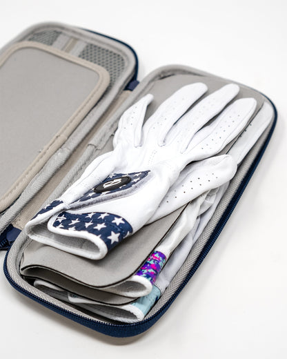 Golf gloves and accessories in a gray case on a white background