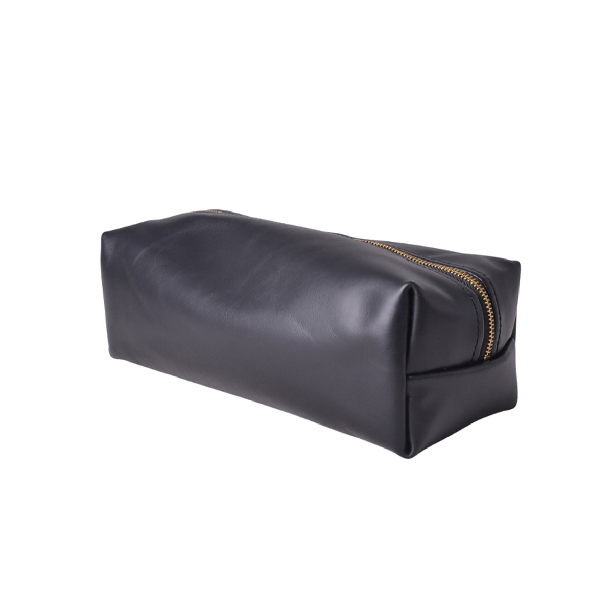 Black leather toiletry bag with gold zipper on a white background