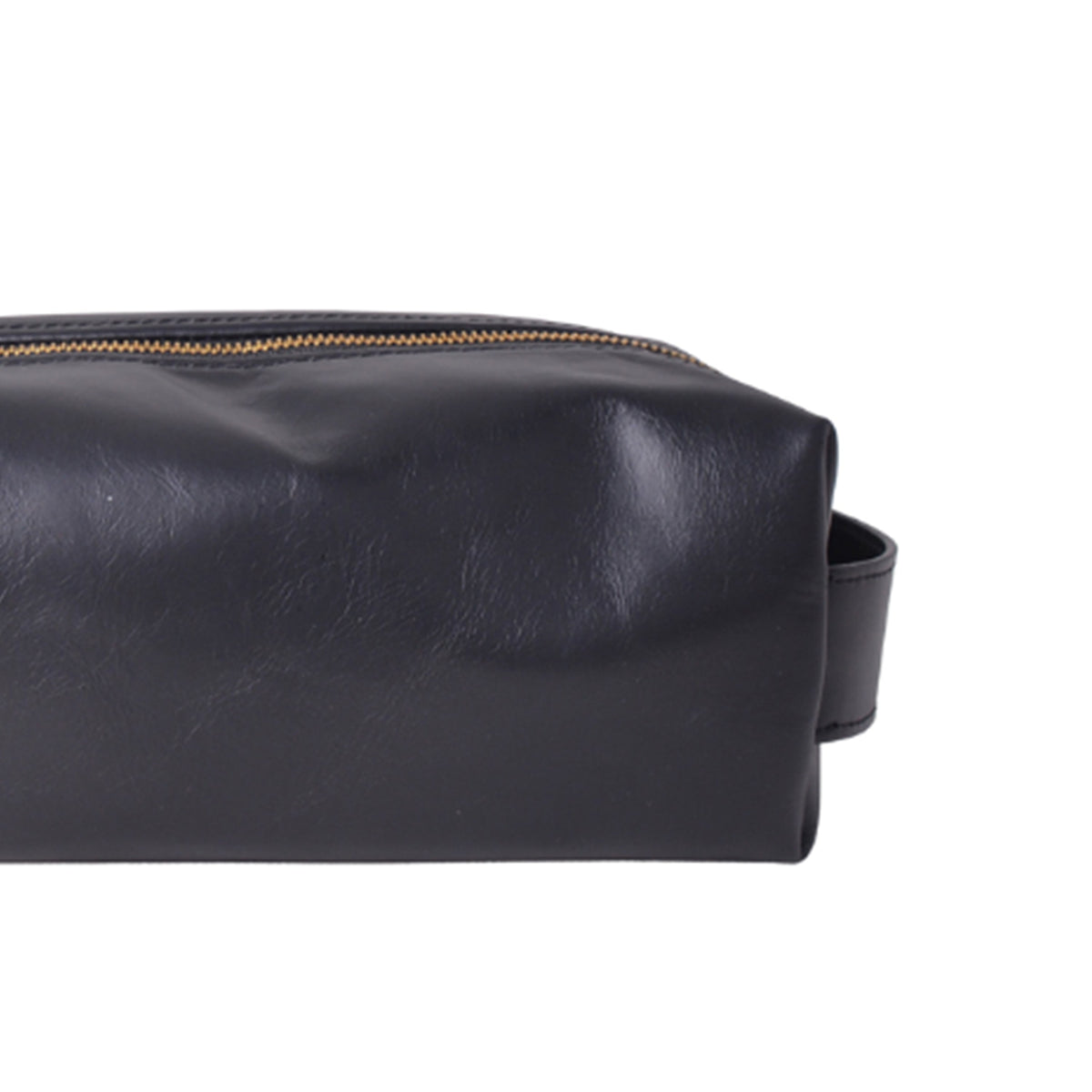 Close-up of a black leather pouch with a gold zipper, shown against a plain white background.
