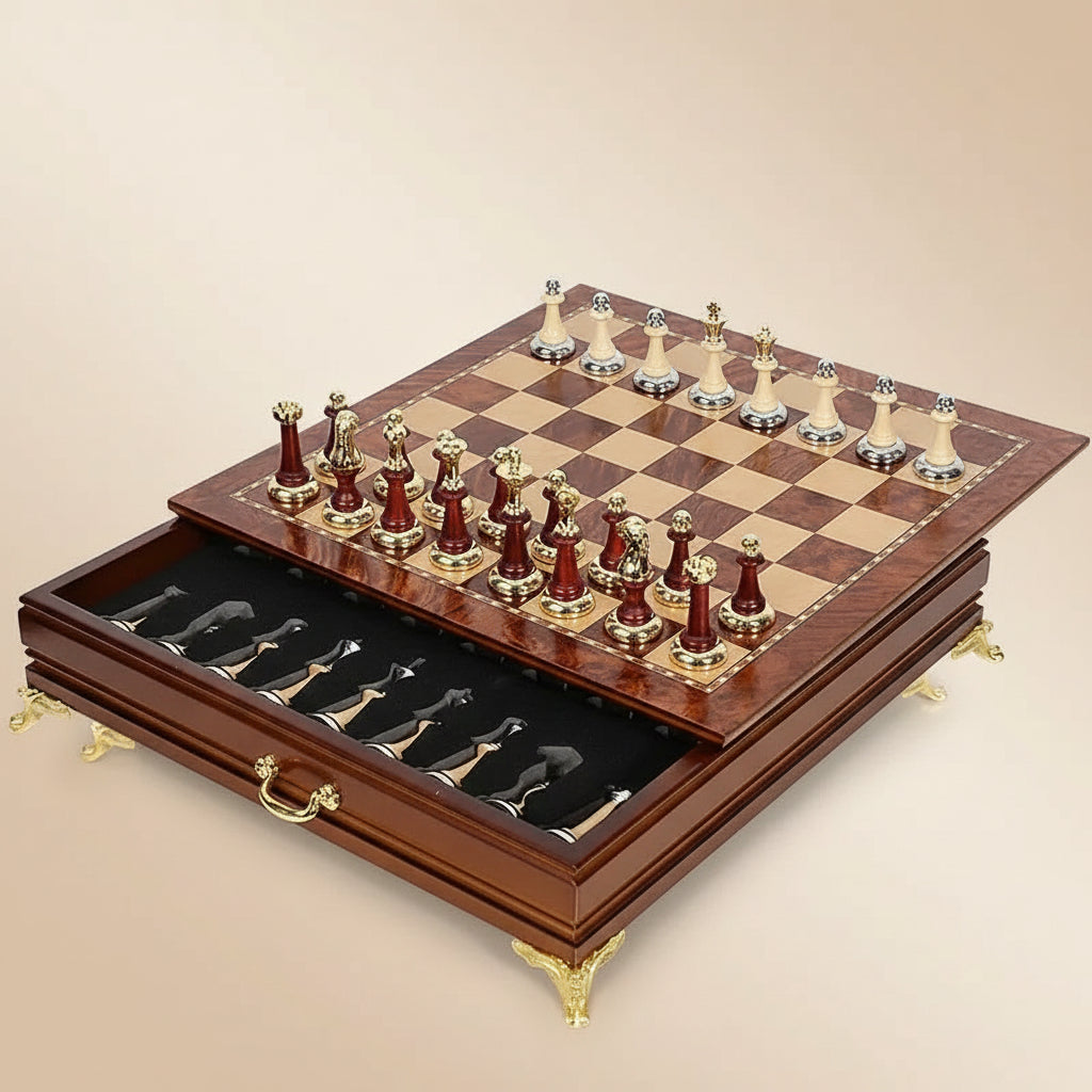 Wooden chess set with pieces and board on a white background