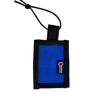 Recycled Firefighter firehose luggage tag in blue with black mil-spec nylon trim, handmade in USA from retired firehose