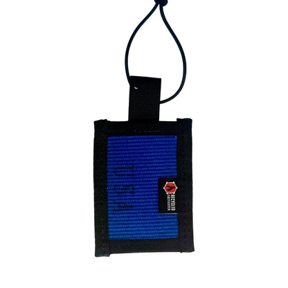 Recycled Firefighter firehose luggage tag in blue USA colorway with black nylon binding and elastic shock cord loop, handmade in America