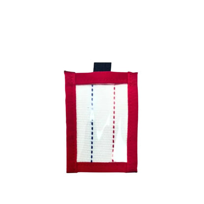 Recycled Firefighter red white and blue firehose luggage tag with elastic shock cord, patriotic travel gift handmade in the USA
