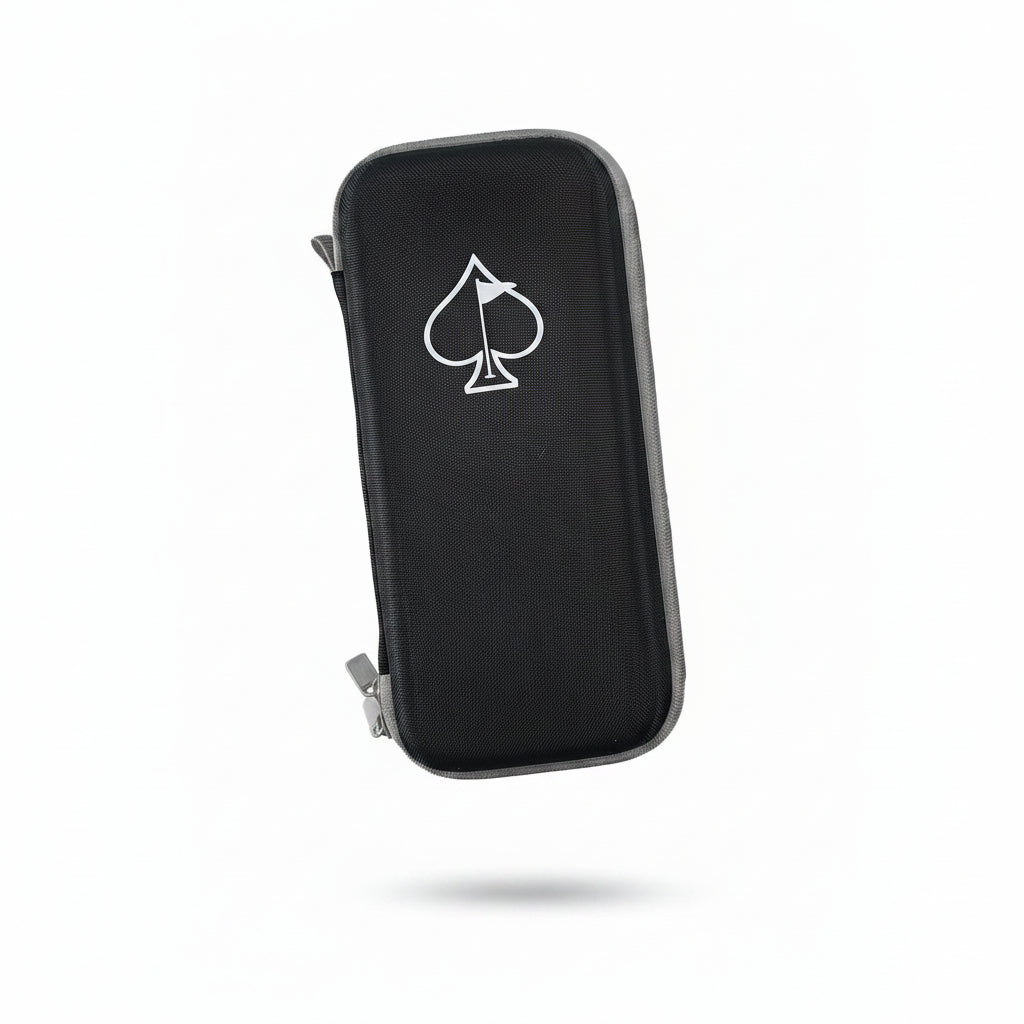 A black textured zippered case with a white spade card suit icon printed on the front, shown floating against a solid white background.