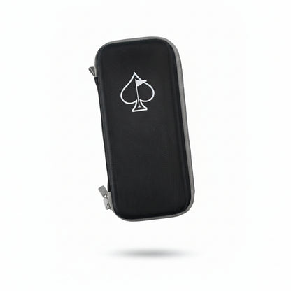 A black textured zippered case with a white spade card suit icon printed on the front, shown floating against a solid white background.