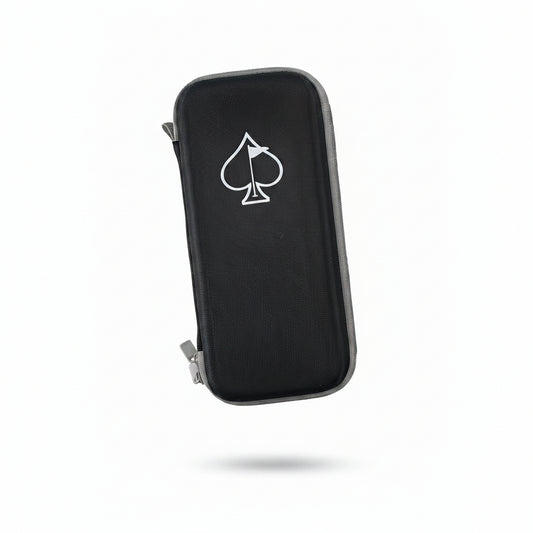 A black textured zippered case with a white spade card suit icon printed on the front, shown floating against a solid white background.