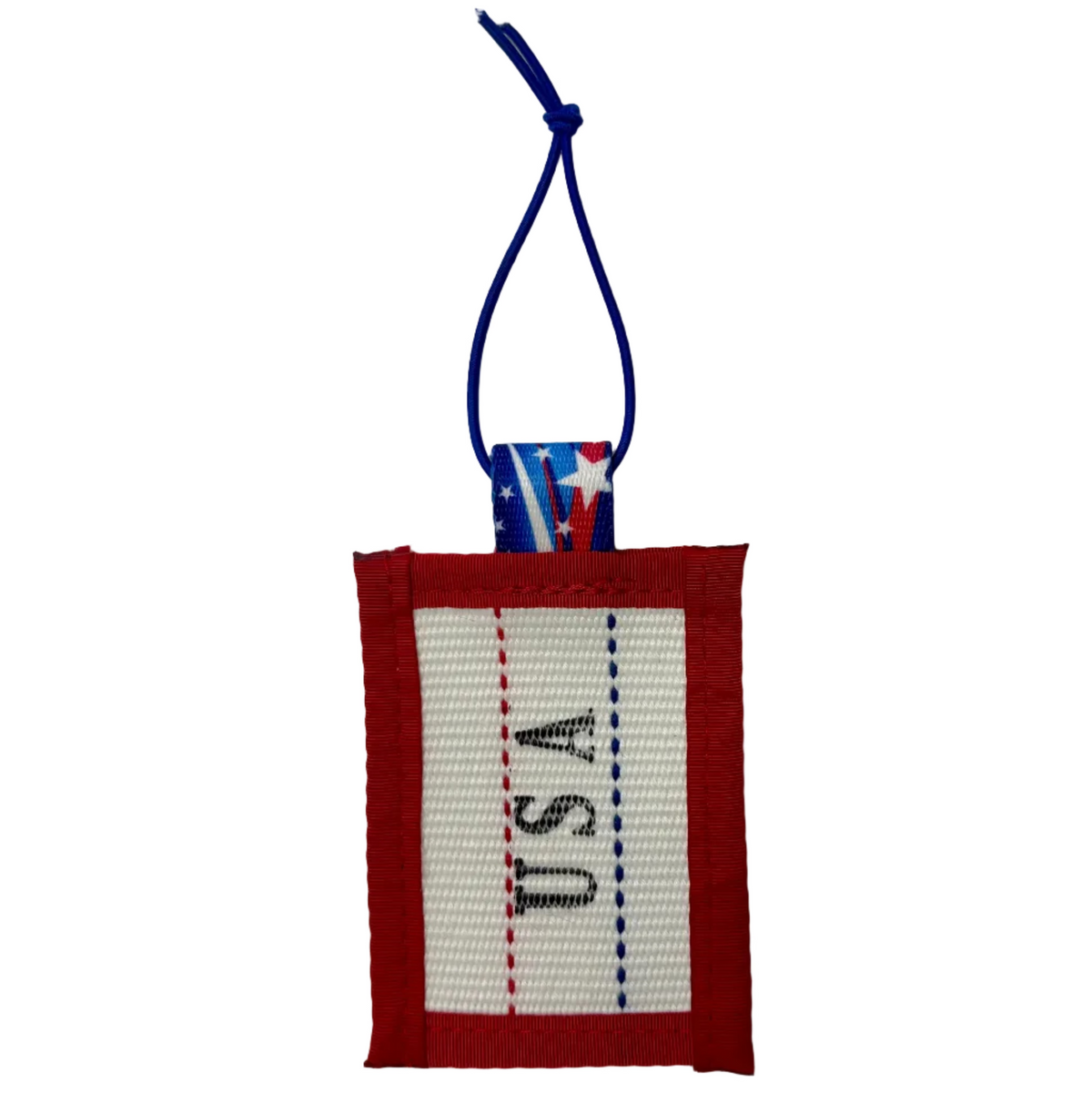 Recycled Firefighter firehose luggage tag in patriotic Merica print with clear ID window, handmade in USA from upcycled firehose
