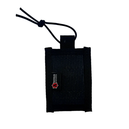 Recycled Firefighter firehose luggage tag in black with mil-spec nylon binding and elastic shock cord, handmade in USA