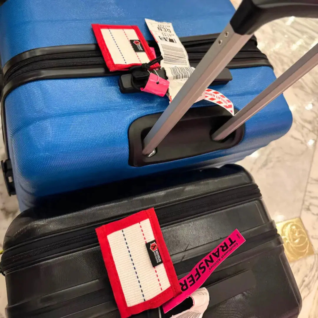 Two suitcases with tags on a textured surface