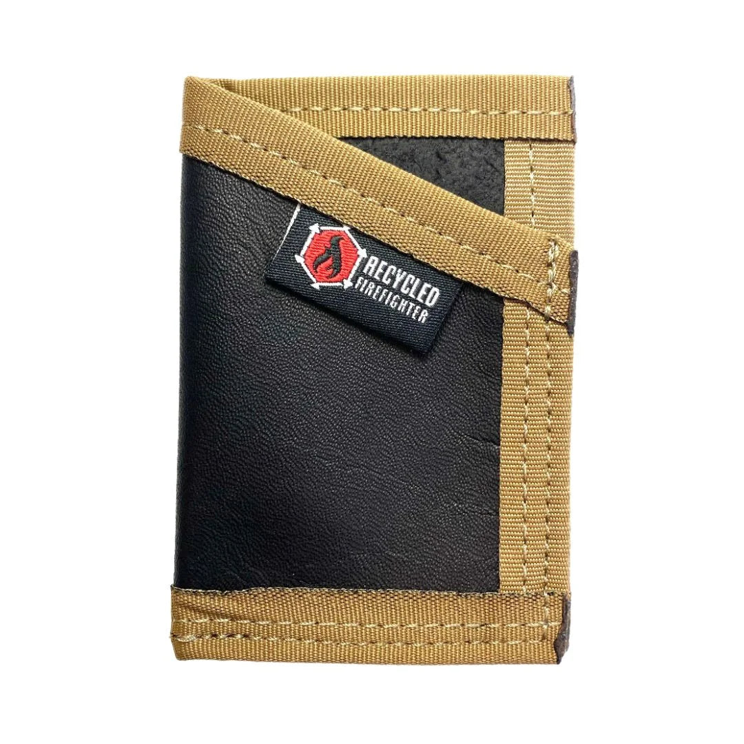 Recycled Firefighter Sergeant Wallet in Black leather with Coyote binding – closed front view highlighting full-grain military boot leather texture and diagonal cash strap
