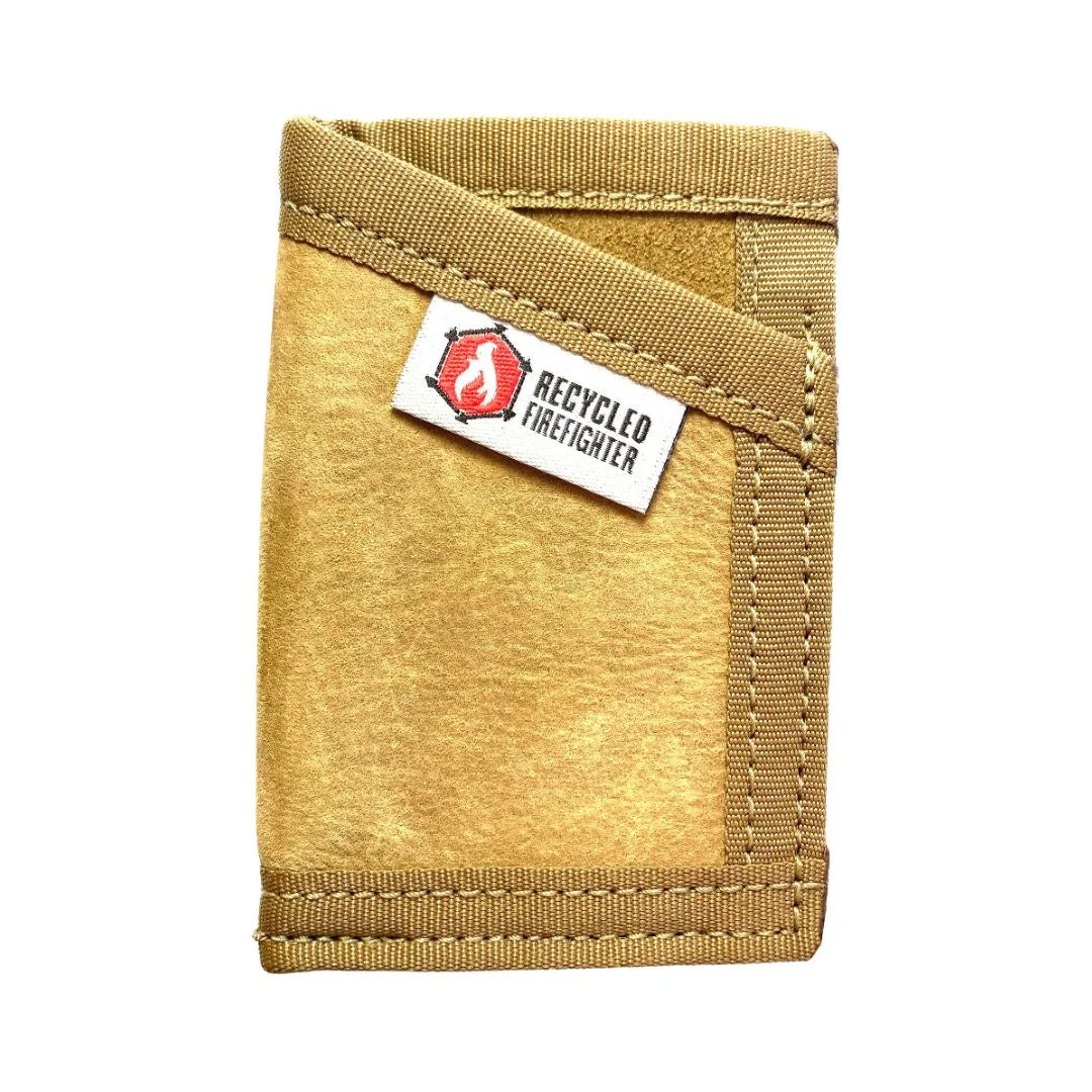 Recycled Firefighter Sergeant Wallet in Coyote leather with Multicam binding – front view showing Recycled Firefighter woven label and diagonal nylon strap detail