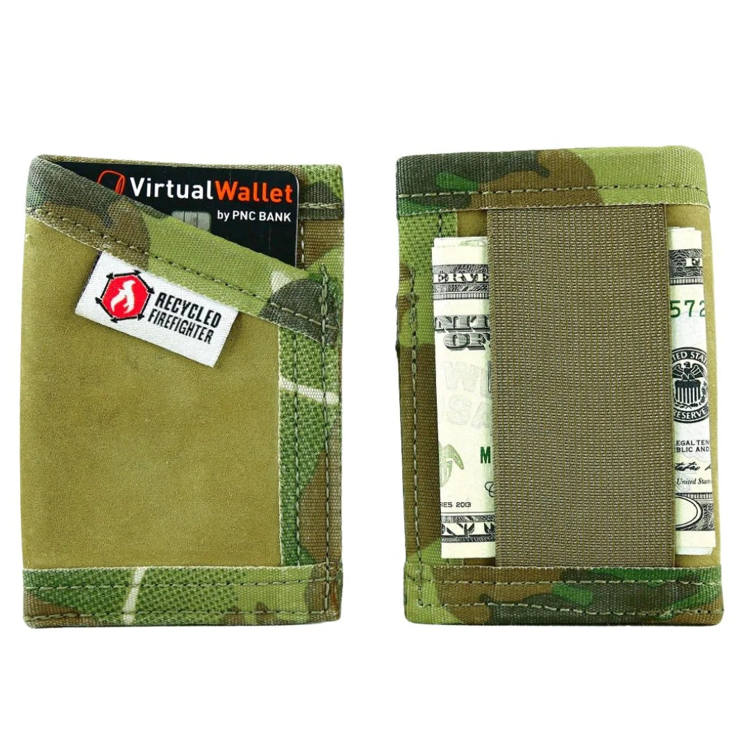 Recycled Firefighter Sergeant Wallet in Coyote leather with Multicam Tropic binding – slim front-pocket wallet shown with cards and cash loaded, made in USA
