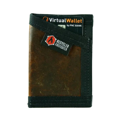 Recycled Firefighter Sergeant Wallet in Dark Brown and Black – front view showing full-grain military boot leather face with black Mil-Spec nylon binding and elastic cash strap
