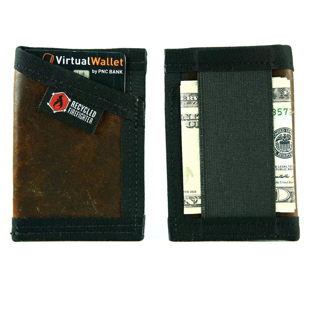 Recycled Firefighter Sergeant Wallet in Coyote and Multicam – front and back view showing card slot, elastic cash strap holding folded bills, and Multicam nylon binding