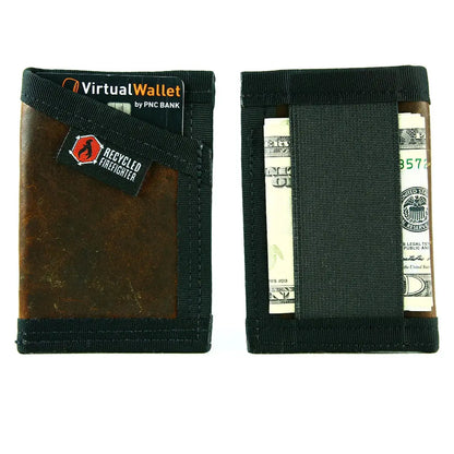 Recycled Firefighter Sergeant Wallet in Coyote and Multicam – front and back view showing card slot, elastic cash strap holding folded bills, and Multicam nylon binding
