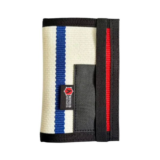 The Inspector recycled firehose notebook cover in Limited Edition 'Merica – white, blue, and red fire hose with black military nylon webbing edging, pen sleeve, and elastic closure, handmade in USA by Recycled Firefighter