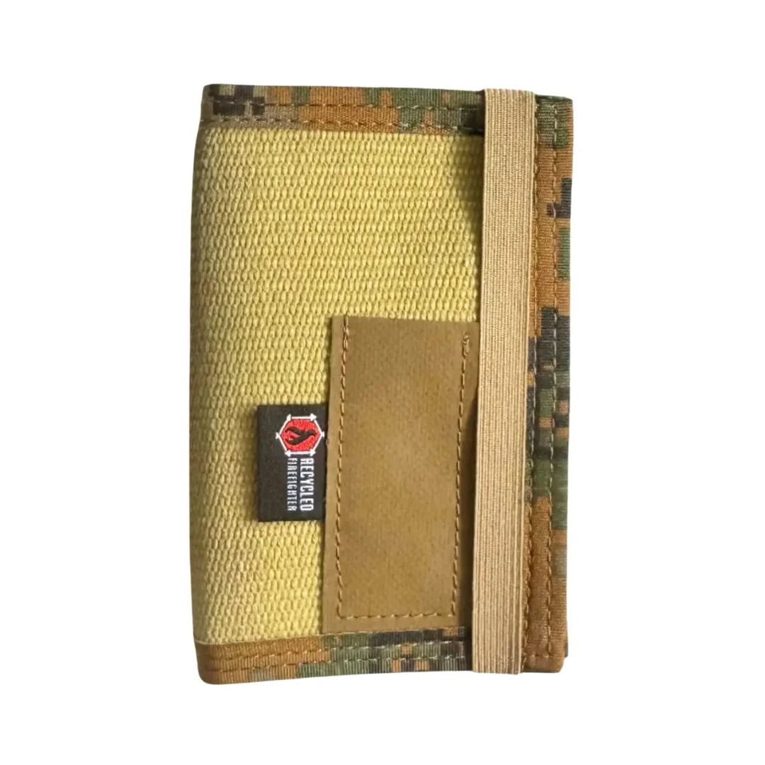 The Inspector recycled firehose notebook cover in Yellow and Black – closed front view showing woven fire hose texture, black military nylon webbing edging, and pen sleeve, made in USA by Recycled Firefighter