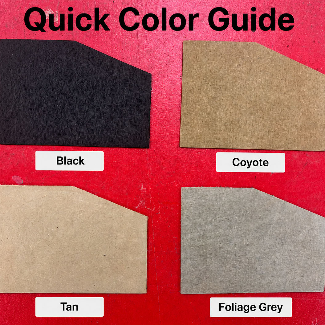 Quick Color Guide for Recycled Firefighter Sergeant Wallet showing four military leather options: Black, Coyote, Tan, and Foliage Grey