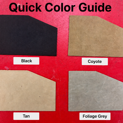Quick Color Guide for Recycled Firefighter Sergeant Wallet showing four military leather options: Black, Coyote, Tan, and Foliage Grey