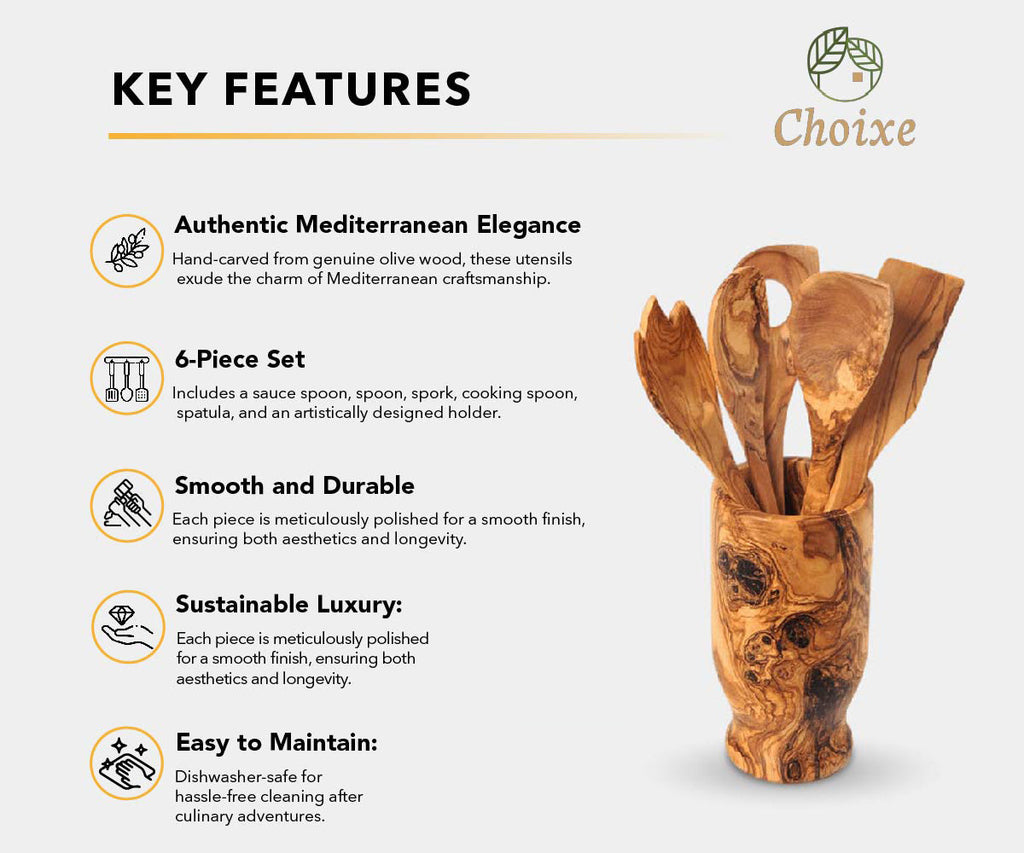 The Artisan Olive Wood Utensil Collection – Six-Piece Hand-Carved Set