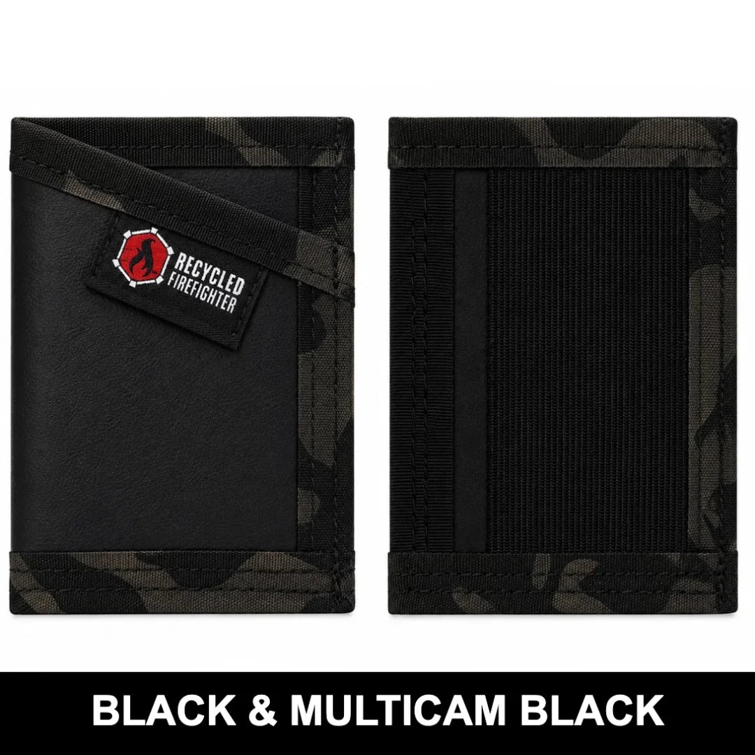 Black and multicam black wallet with Recycled Firefighter logo on a white background
