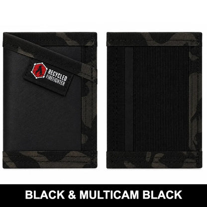 Black and multicam black wallet with Recycled Firefighter logo on a white background