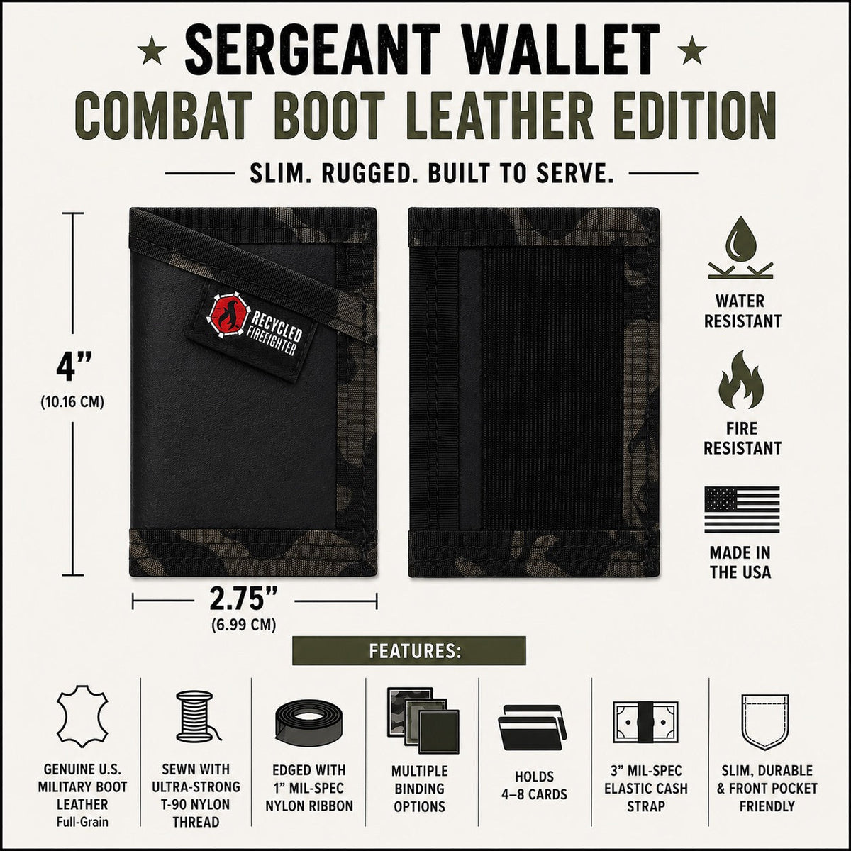 Sergeant Wallet Combat Boot Leather Edition with features and specifications on a white background